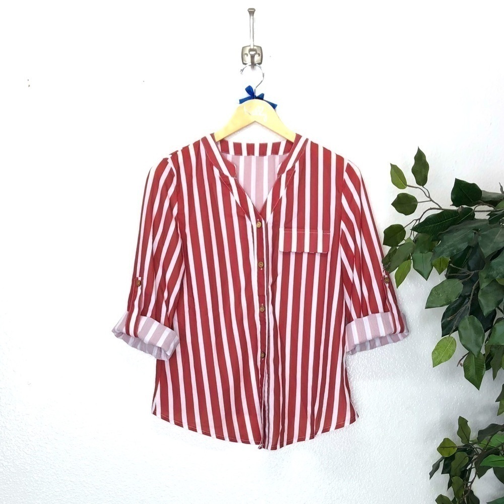 NWT Boutique Red and White Striped Button Down Top